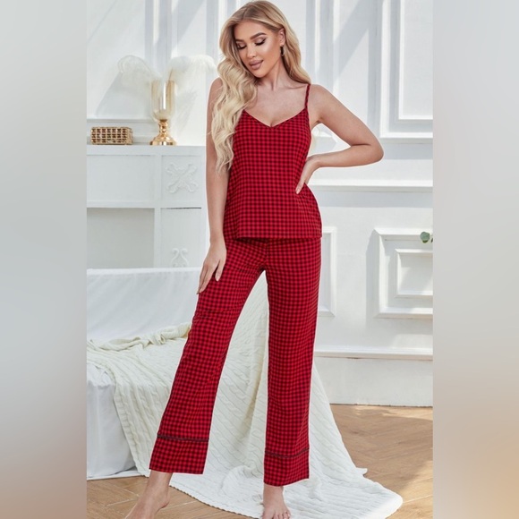 Gingham V-Neck Cami and Tied Pants Lounge Set